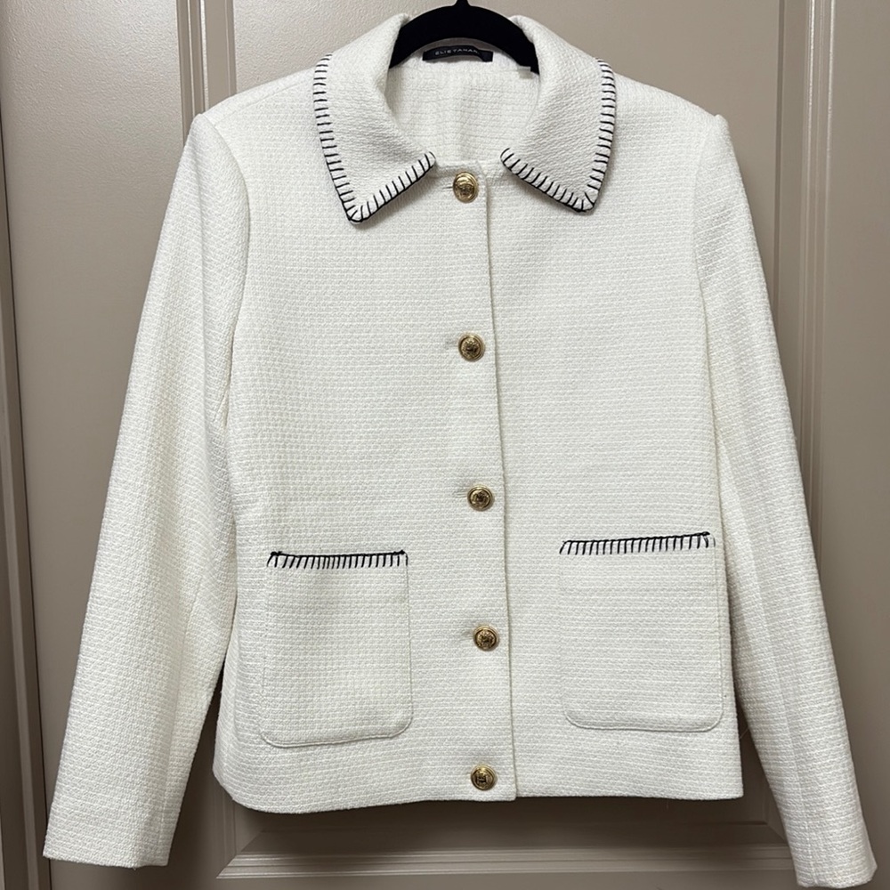 Elie Tahari Chic White Jacket with Black Trim, gold detail buttons size M